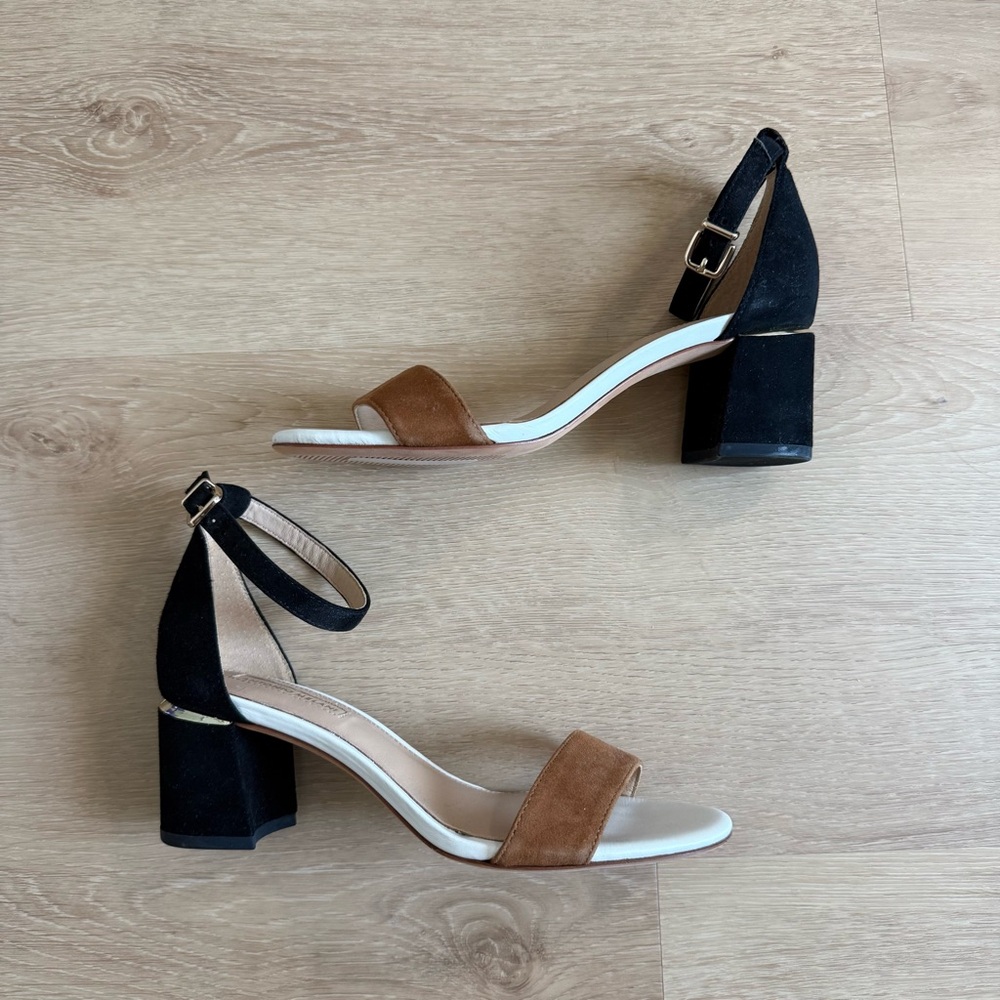 Two-Tone Black and Brown Block Heel Sandals - Women's Ankle Strap